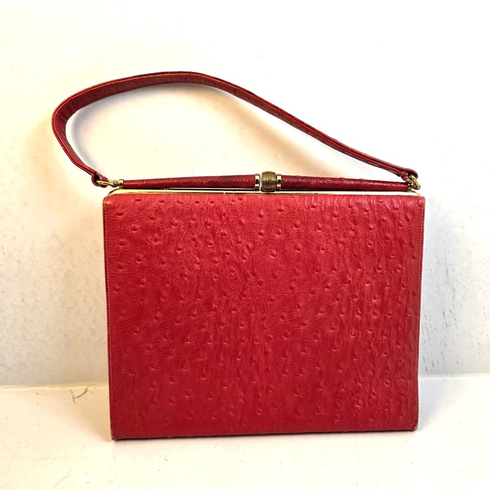 Vtg MCM Andrew Geller Red Ostrich Leather 1950s Top Handle Purse Handbag